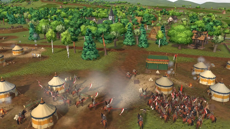 A battle in the camp from above: cavalry and dust among the tents