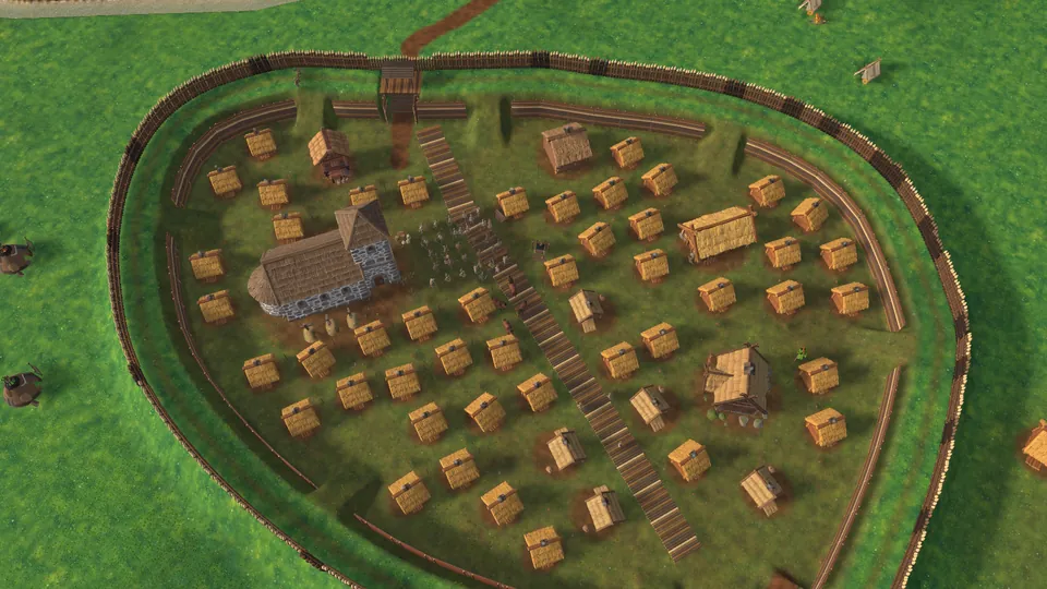 An oval stronghold with rampart and palisade, a stone church and timber huts inside, seen from above