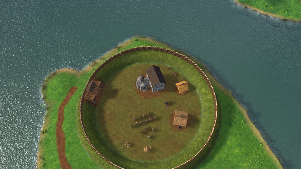 A round stronghold with a palisade on a promontory by a lake, seen from above