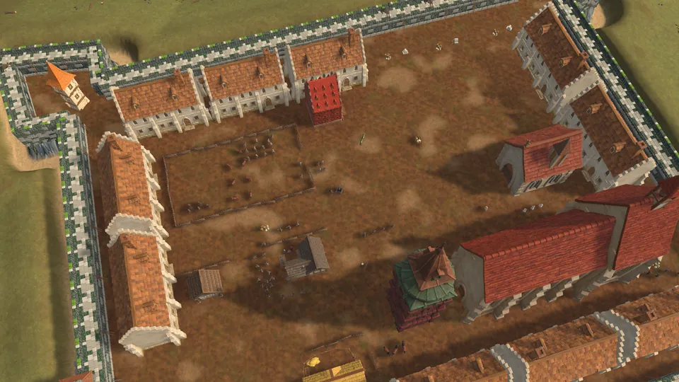A monastery fortress with walls and a courtyard, seen from above