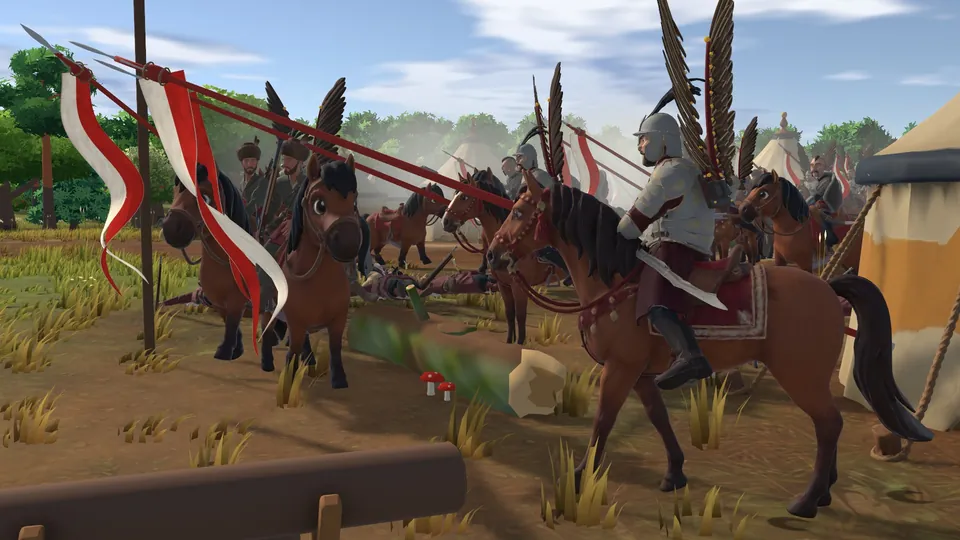 Hussars with lances in front of the tents of a camp