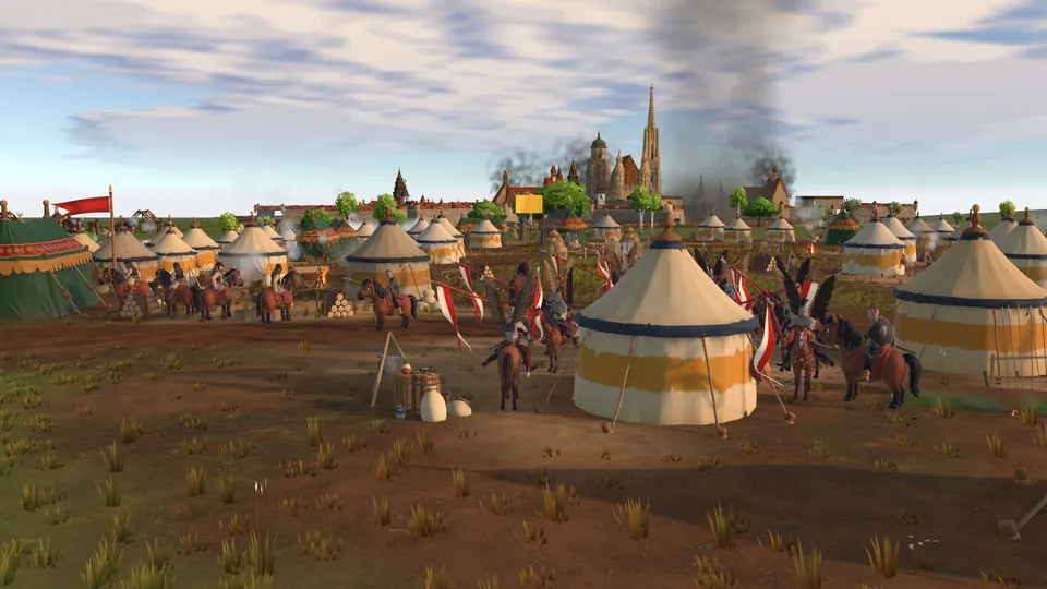 A camp of tents, with a church spire and smoke over a city behind