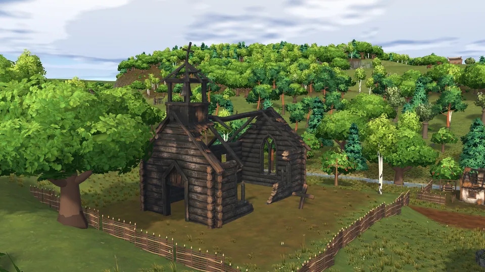 A burnt timber church by a stream