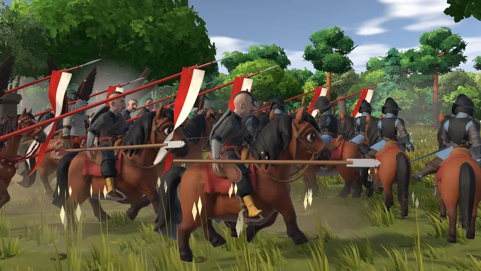 A wide line of hussars with lances riding through grass