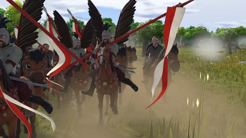 Hussars close up at speed, wings on their backs and pennants on their lances, in dust