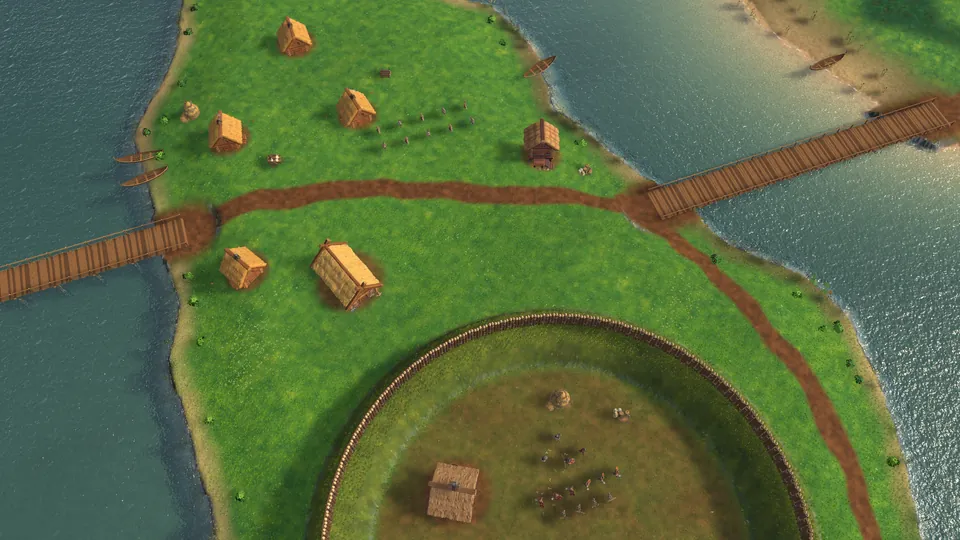 A stronghold on an island with two bridges to the shores, seen from above